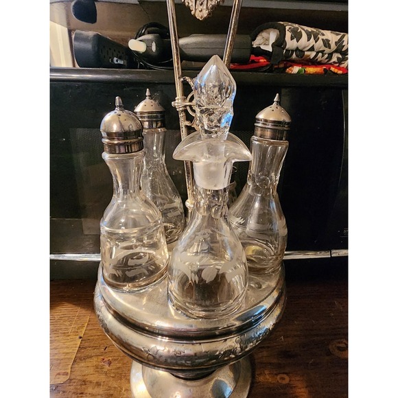 Antique Silver Plate & Uranium Glass 6 Pc Serving Cruet Set Meriden Britannia Co - Picture 3 of 16